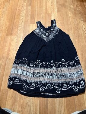 Advance Apparels Boho Batik Embroidered Tunic Top Navy Blue Free Size